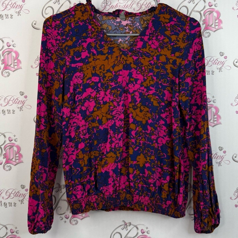 Culture, long sleeve V-neck, flowers, Vibrant Floral Blouse - Pink and Brown